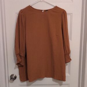 SHEIN Curve 2X Brown Cotton Gauze Blouse Smocked Cuff Long Sleeve Top